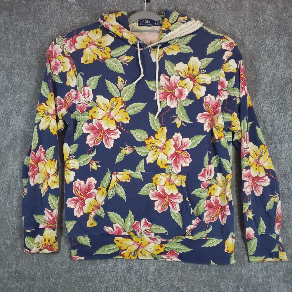 Polo Ralph Lauren Men's L Navy Blue Hibiscus Floral Print Hoodie Preppy